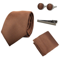 Conjunto de regalo de corbata marrón con cuello de diamante, pañuelo de bolsillo, gemelos y alfiler de corbata para camisa de satén.