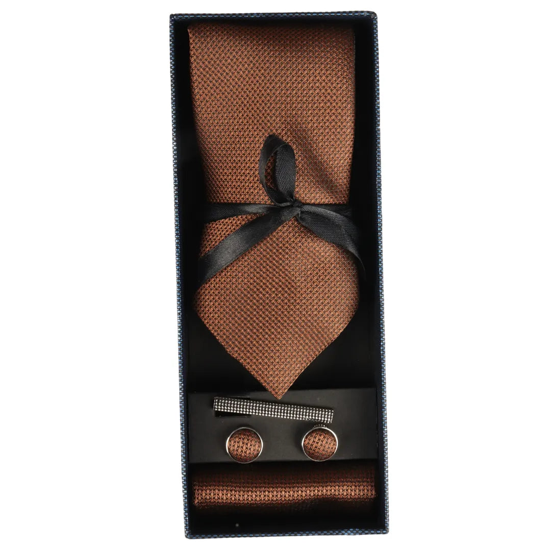 Conjunto de regalo de corbata marrón con cuello de diamante, pañuelo de bolsillo, gemelos y alfiler de corbata para camisa de satén.