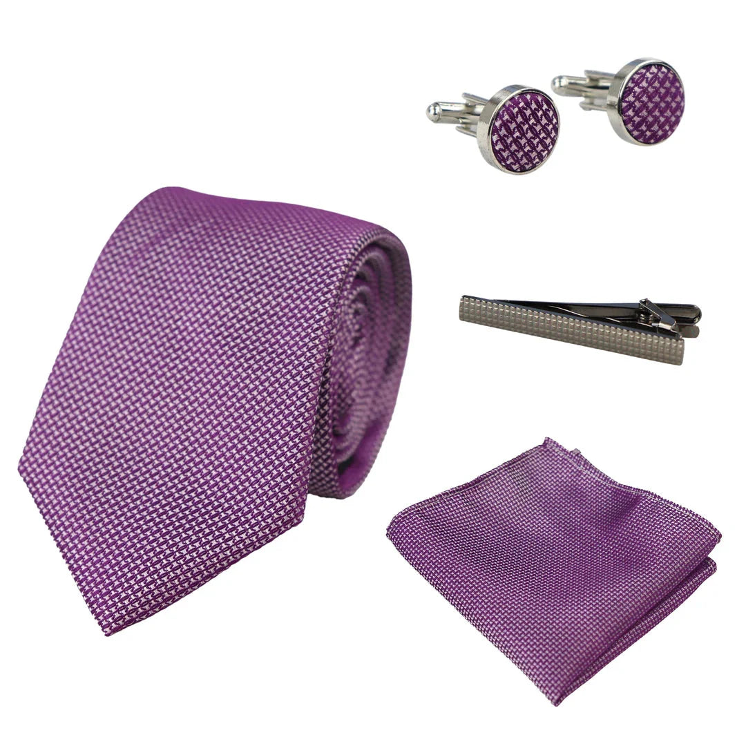 Conjunto de regalo de corbata lila con cuello de diamante, pañuelo de bolsillo, gemelos y alfiler de corbata para camisa de satén.
