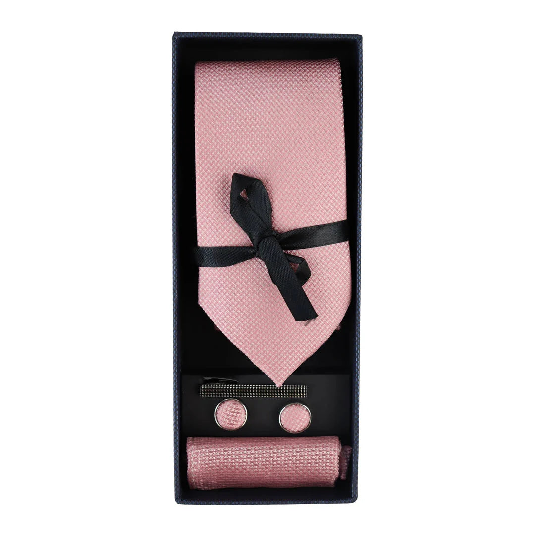 Conjunto de regalo de corbata rosa con cuello de diamante, pañuelo de bolsillo, gemelos y alfiler de corbata para camisa de satén.