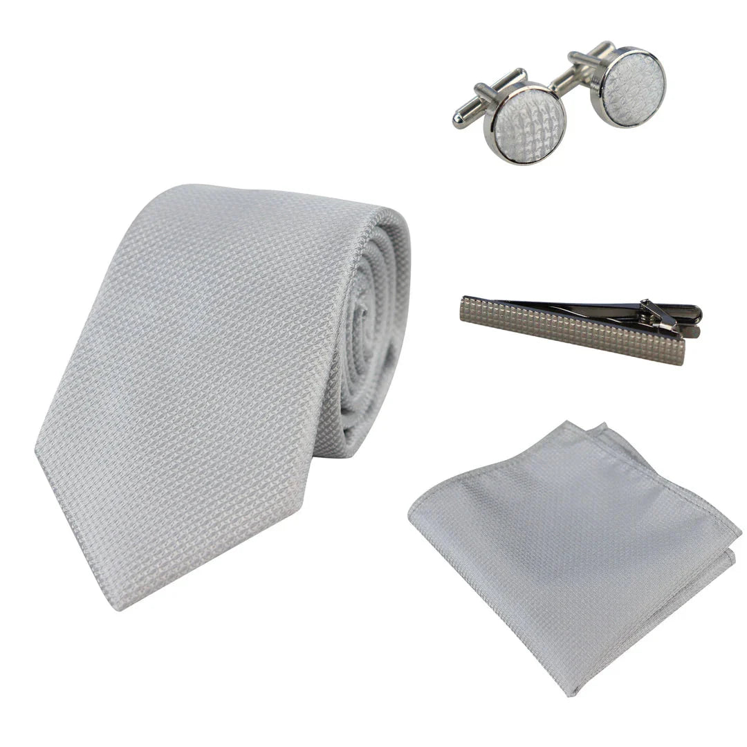 Conjunto de regalo de corbata de plata con cuello de diamante, pañuelo de bolsillo, gemelos y alfiler de corbata para camisa de satén.