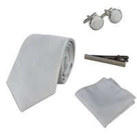 Conjunto de regalo de corbata de plata con cuello de diamante, pañuelo de bolsillo, gemelos y alfiler de corbata para camisa de satén.