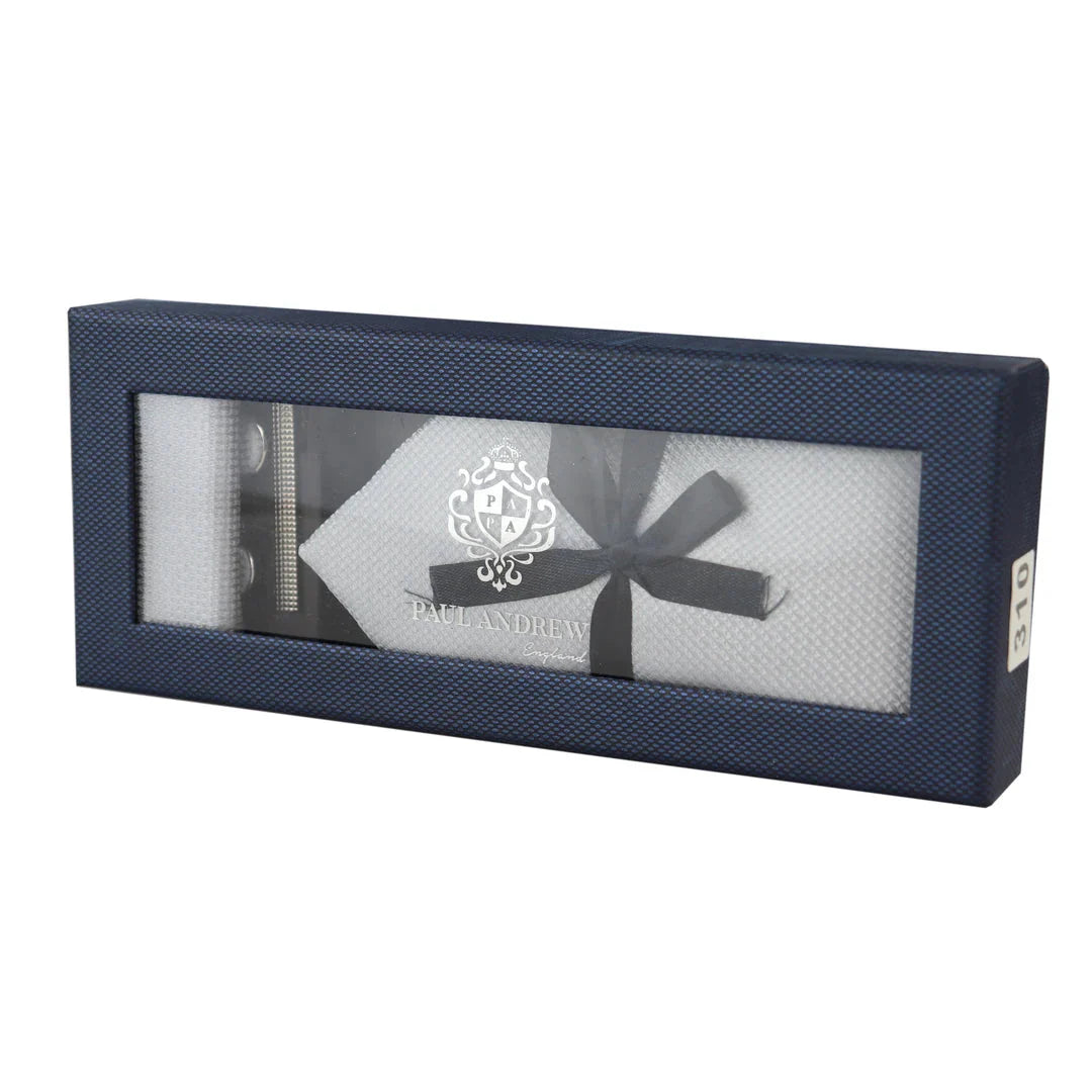 Conjunto de regalo de corbata de plata con cuello de diamante, pañuelo de bolsillo, gemelos y alfiler de corbata para camisa de satén.