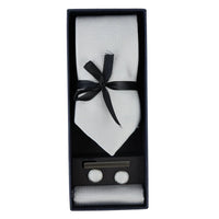 Conjunto de regalo de corbata de plata con cuello de diamante, pañuelo de bolsillo, gemelos y alfiler de corbata para camisa de satén.