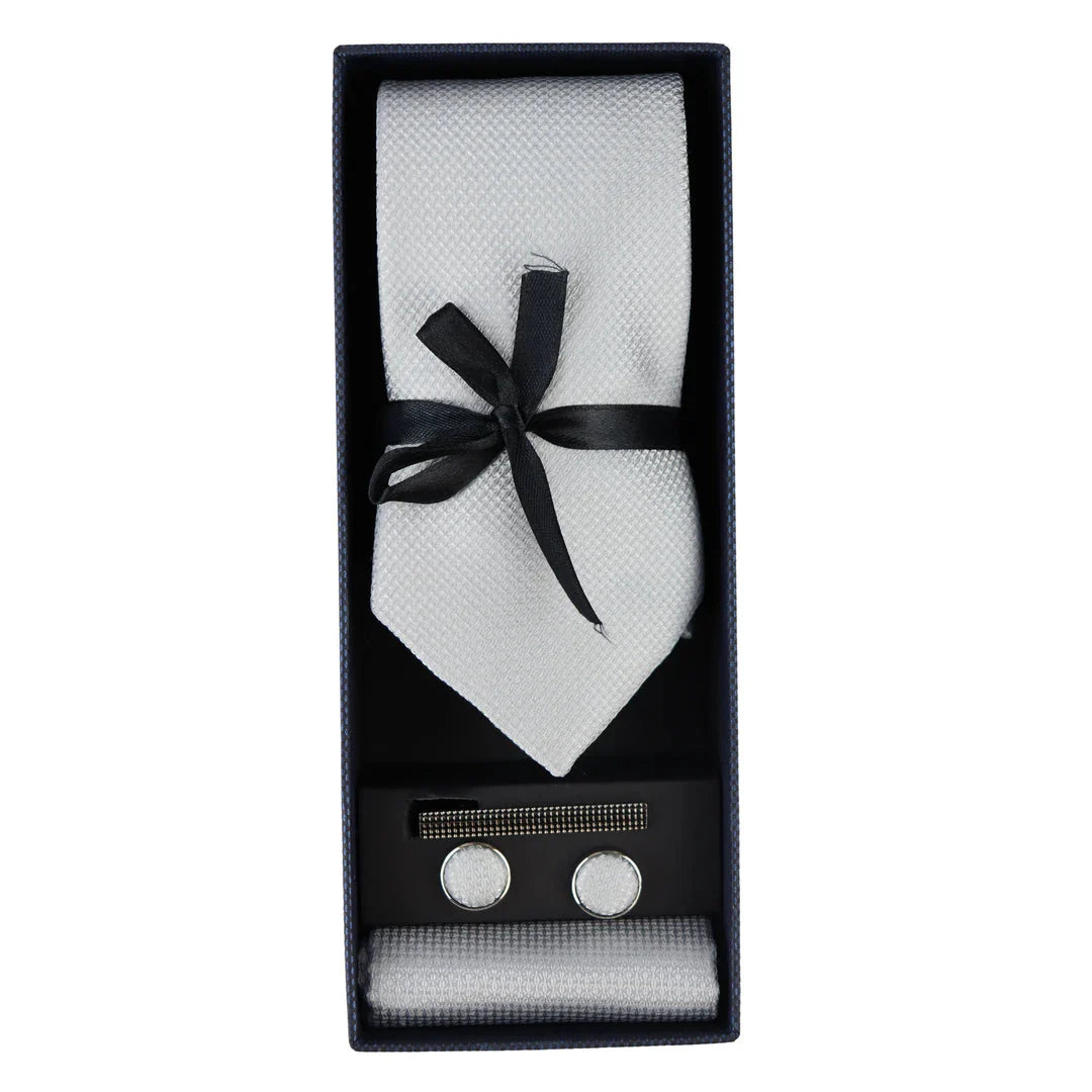 Conjunto de regalo de corbata de plata con cuello de diamante, pañuelo de bolsillo, gemelos y alfiler de corbata para camisa de satén.