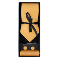 Conjunto de regalo de corbata amarilla Diamond Neck con pañuelo de bolsillo, gemelos y alfiler de corbata para camisa de satén.