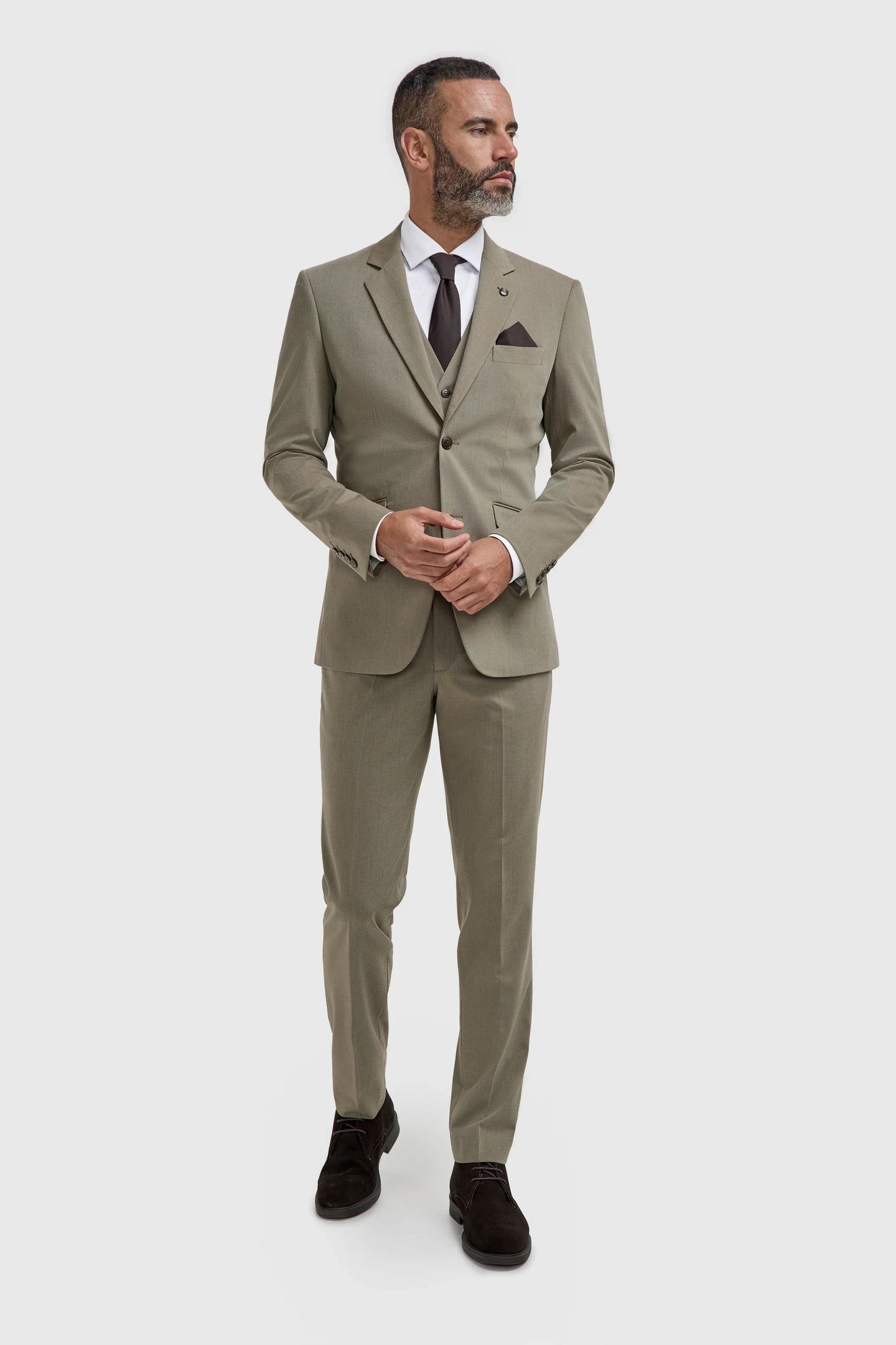 Donatella - Traje de tres piezas para hombre, color verde salvia, corte entallado