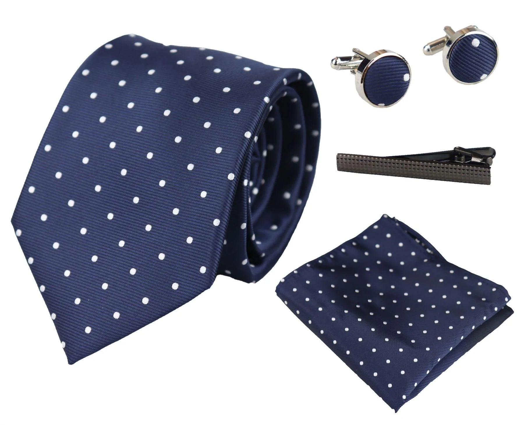 Conjunto de regalo de corbata azul marino con lunares, pañuelo de bolsillo, gemelos, alfiler de corbata y satén de lunares.