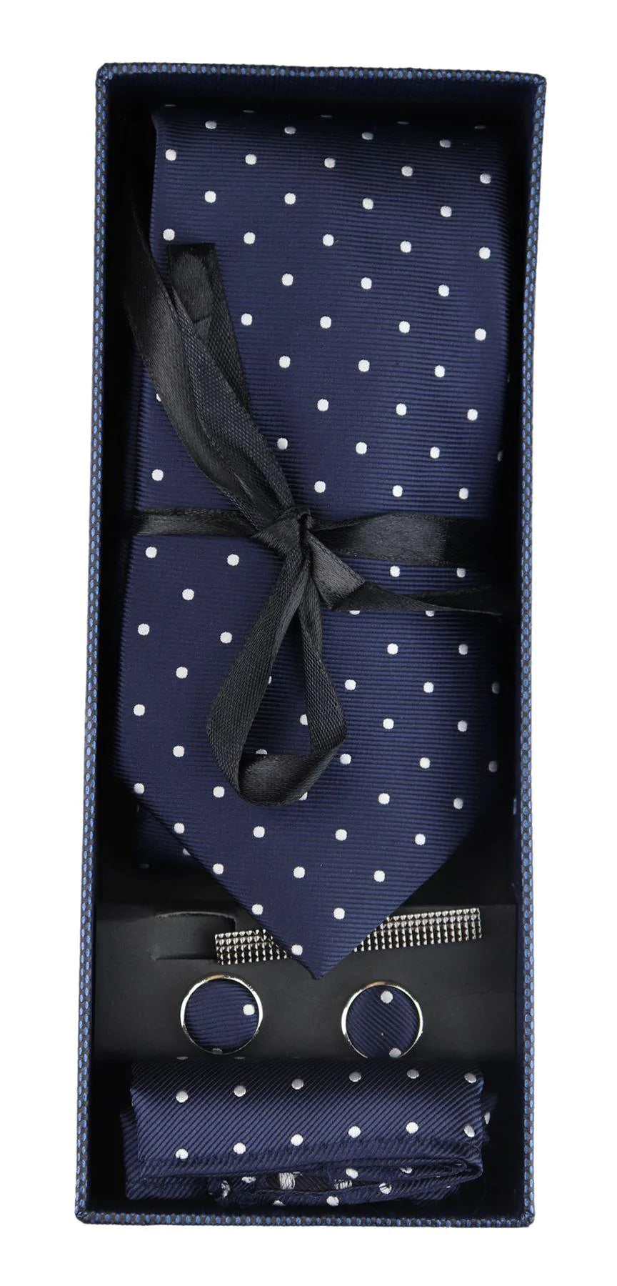 Conjunto de regalo de corbata azul marino con lunares, pañuelo de bolsillo, gemelos, alfiler de corbata y satén de lunares.