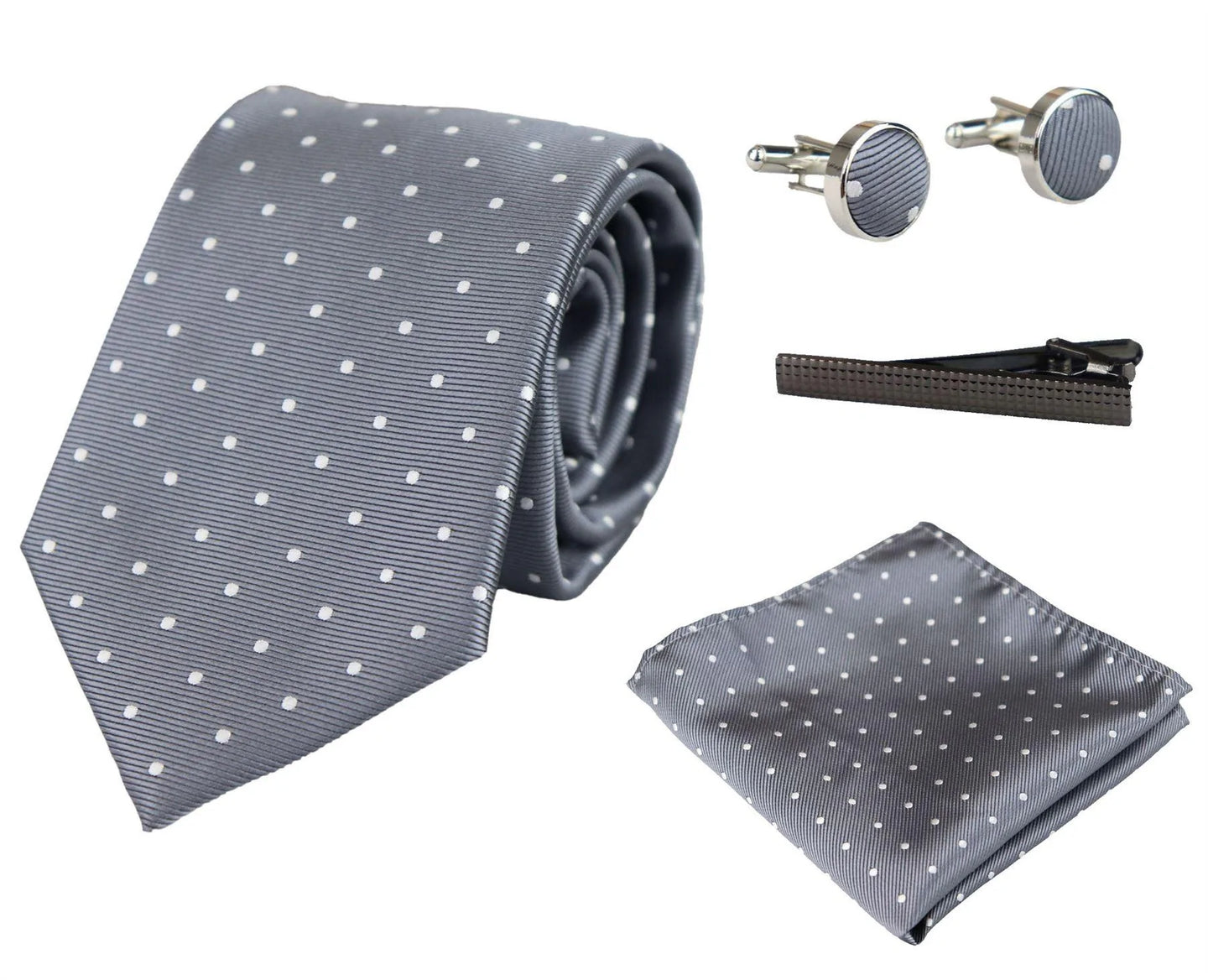 Conjunto de regalo de corbata plateada con lunares, pañuelo de bolsillo, gemelos, alfiler de corbata y satén con lunares.