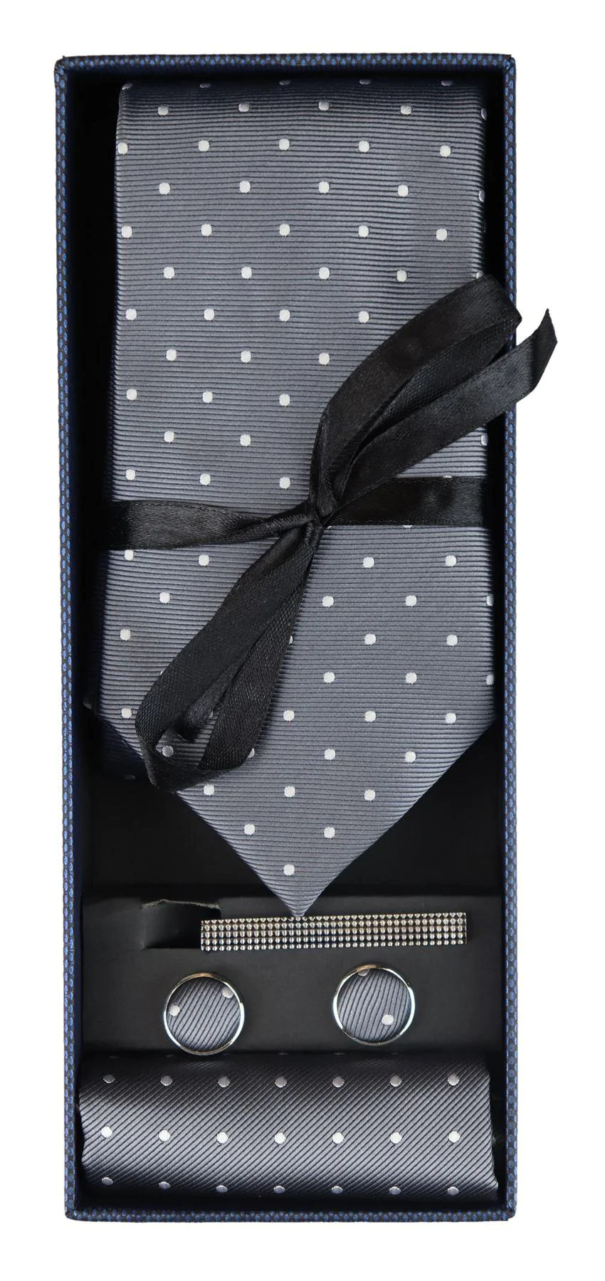 Conjunto de regalo de corbata plateada con lunares, pañuelo de bolsillo, gemelos, alfiler de corbata y satén con lunares.