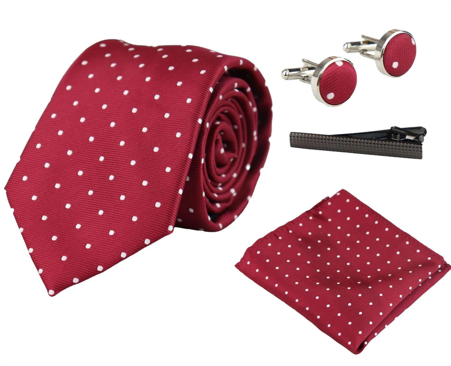 Conjunto de regalo de corbata de cuello color vino con lunares, pañuelo de bolsillo, gemelos, alfiler de corbata y satén de lunares.