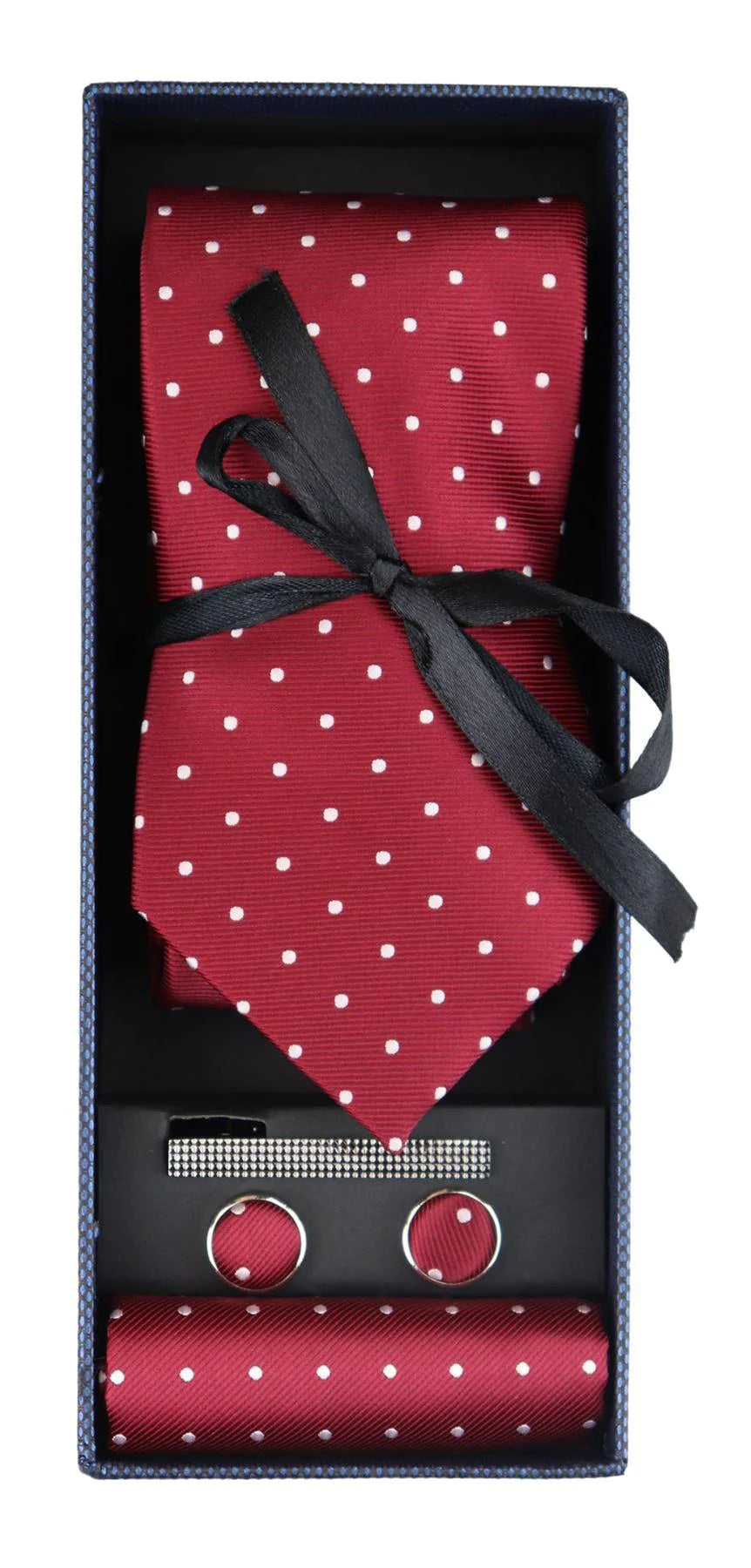 Conjunto de regalo de corbata de cuello color vino con lunares, pañuelo de bolsillo, gemelos, alfiler de corbata y satén de lunares.