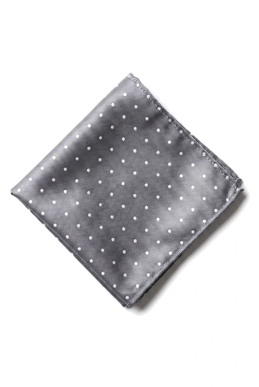 Conjunto de regalo de corbata plateada con lunares, pañuelo de bolsillo, gemelos, alfiler de corbata y satén con lunares.