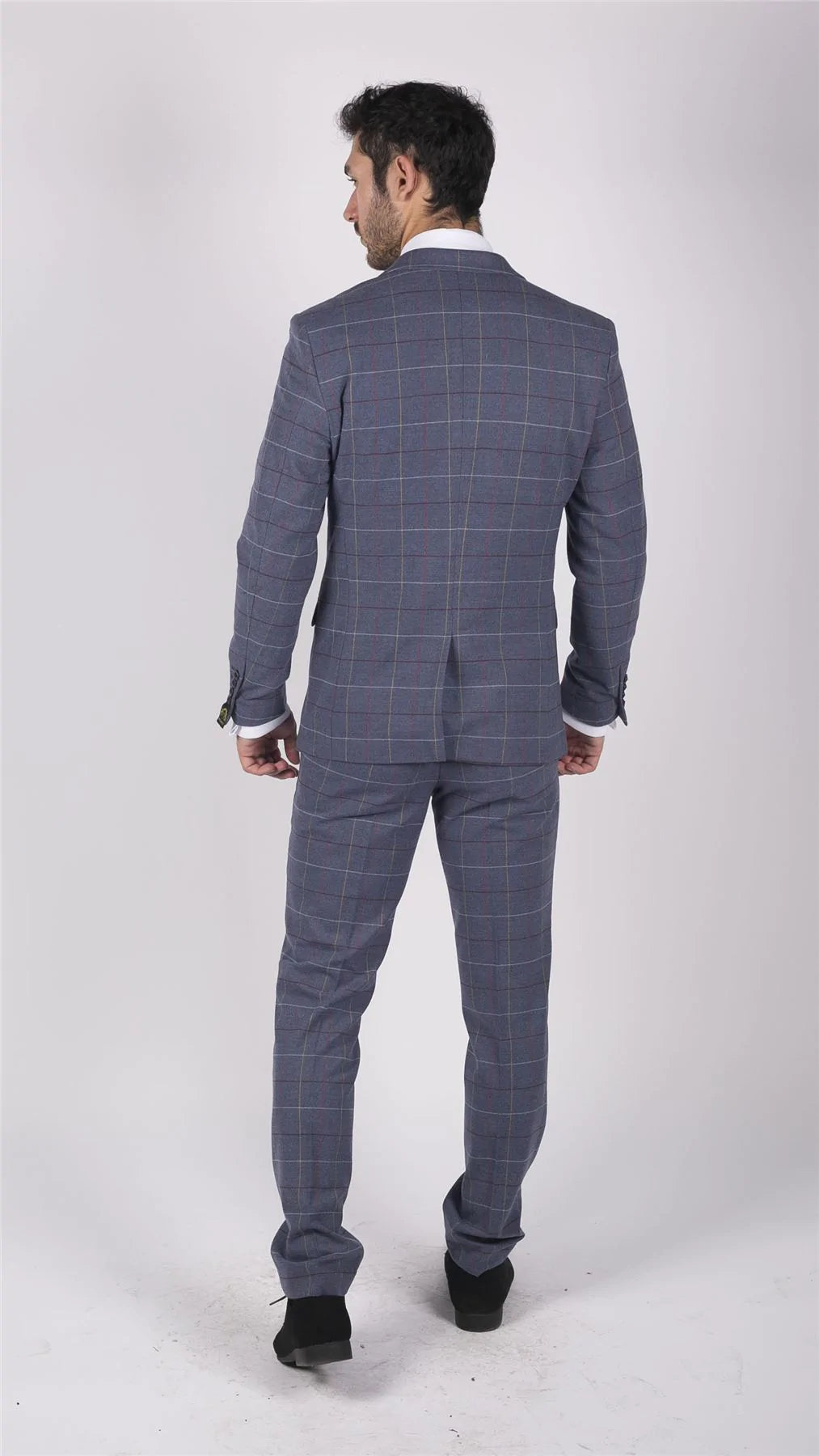 Traje de tres piezas para hombre Marc Darcy, azul, gris y rojo a cuadros, elegante e informal, de tweed, corte ajustado Drake