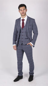 Traje de tres piezas para hombre Marc Darcy, azul, gris y rojo a cuadros, elegante e informal, de tweed, corte ajustado Drake