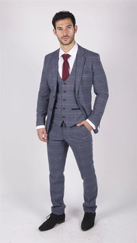 Traje de tres piezas para hombre Marc Darcy, azul, gris y rojo a cuadros, elegante e informal, de tweed, corte ajustado Drake