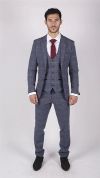 Traje de tres piezas para hombre Marc Darcy, azul, gris y rojo a cuadros, elegante e informal, de tweed, corte ajustado Drake