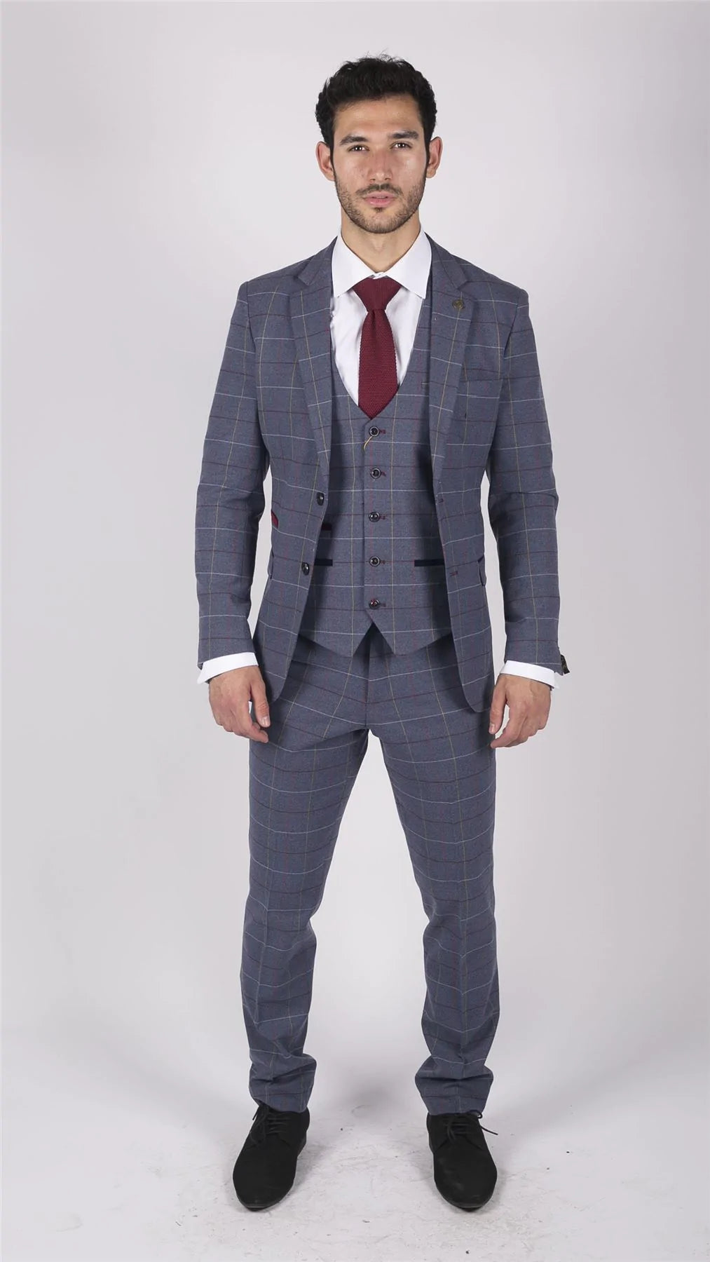 Traje de tres piezas para hombre Marc Darcy, azul, gris y rojo a cuadros, elegante e informal, de tweed, corte ajustado Drake