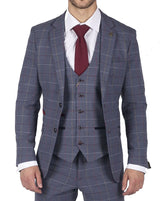 Traje de tres piezas para hombre Marc Darcy, azul, gris y rojo a cuadros, elegante e informal, de tweed, corte ajustado Drake