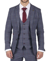 Traje de tres piezas para hombre Marc Darcy, azul, gris y rojo a cuadros, elegante e informal, de tweed, corte ajustado Drake