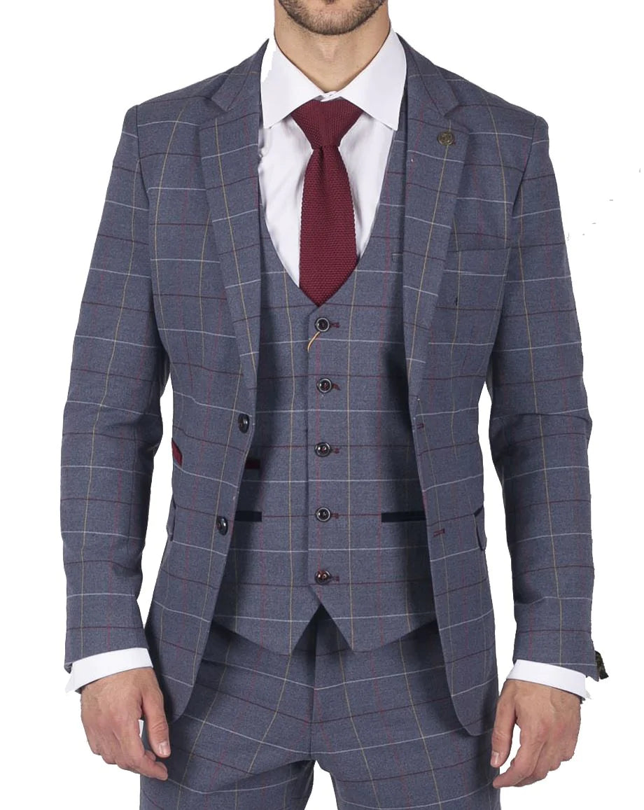 Traje de tres piezas para hombre Marc Darcy, azul, gris y rojo a cuadros, elegante e informal, de tweed, corte ajustado Drake