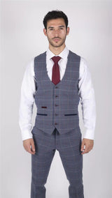 Chaleco de hombre Marc Darcy azul gris rojo a cuadros elegante informal de tweed de corte ajustado Drake