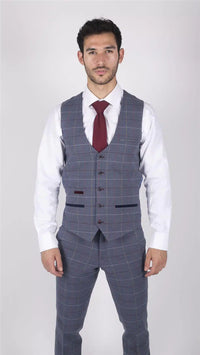 Chaleco de hombre Marc Darcy azul gris rojo a cuadros elegante informal de tweed de corte ajustado Drake