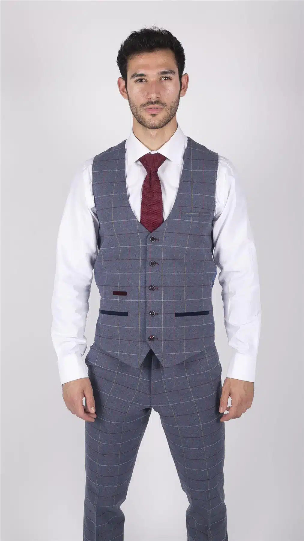 Chaleco de hombre Marc Darcy azul gris rojo a cuadros elegante informal de tweed de corte ajustado Drake