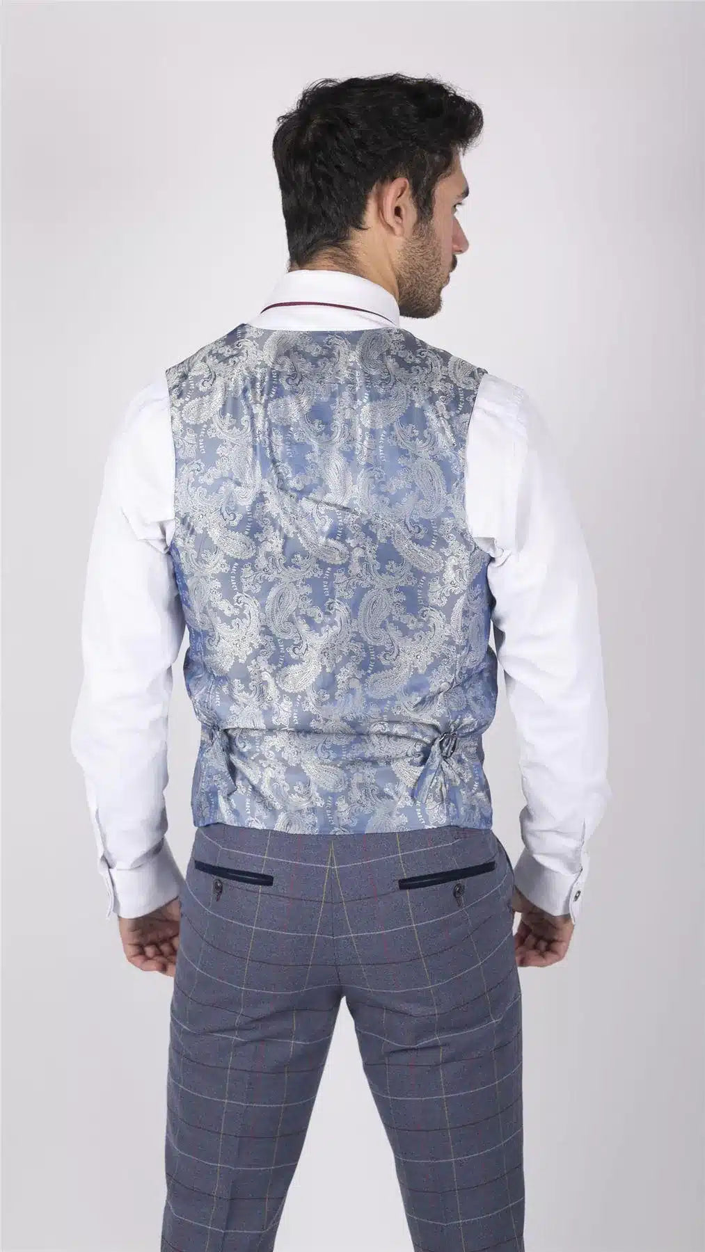 Chaleco de hombre Marc Darcy azul gris rojo a cuadros elegante informal de tweed de corte ajustado Drake