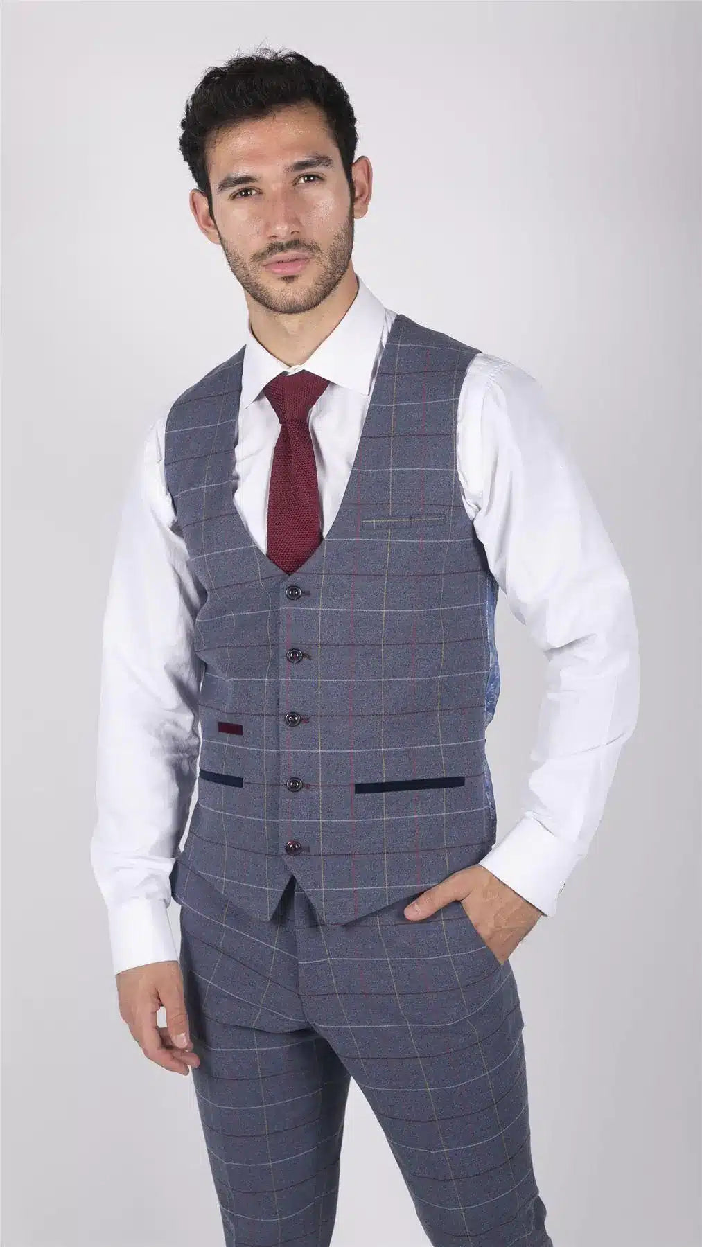 Chaleco de hombre Marc Darcy azul gris rojo a cuadros elegante informal de tweed de corte ajustado Drake