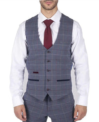 Chaleco de hombre Marc Darcy azul gris rojo a cuadros elegante informal de tweed de corte ajustado Drake