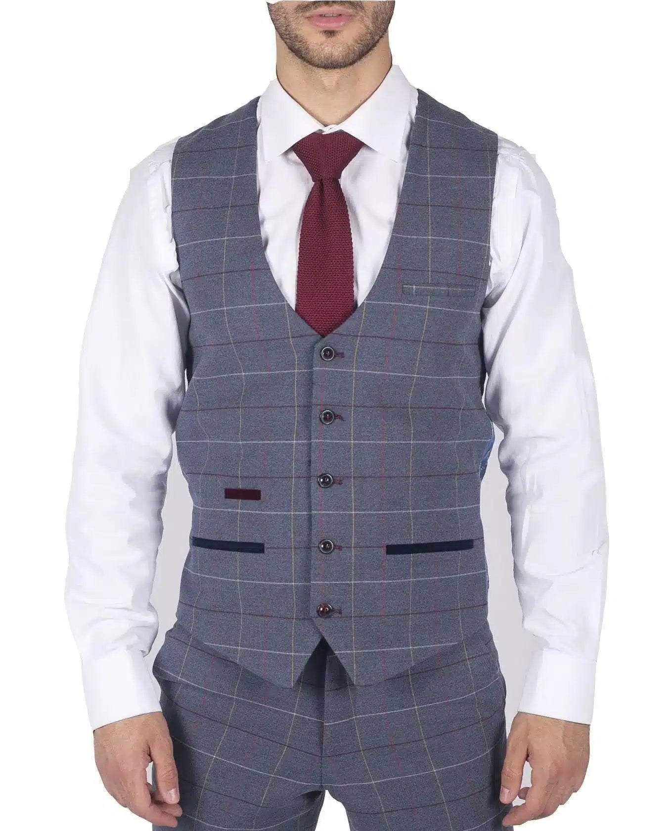 Chaleco de hombre Marc Darcy azul gris rojo a cuadros elegante informal de tweed de corte ajustado Drake