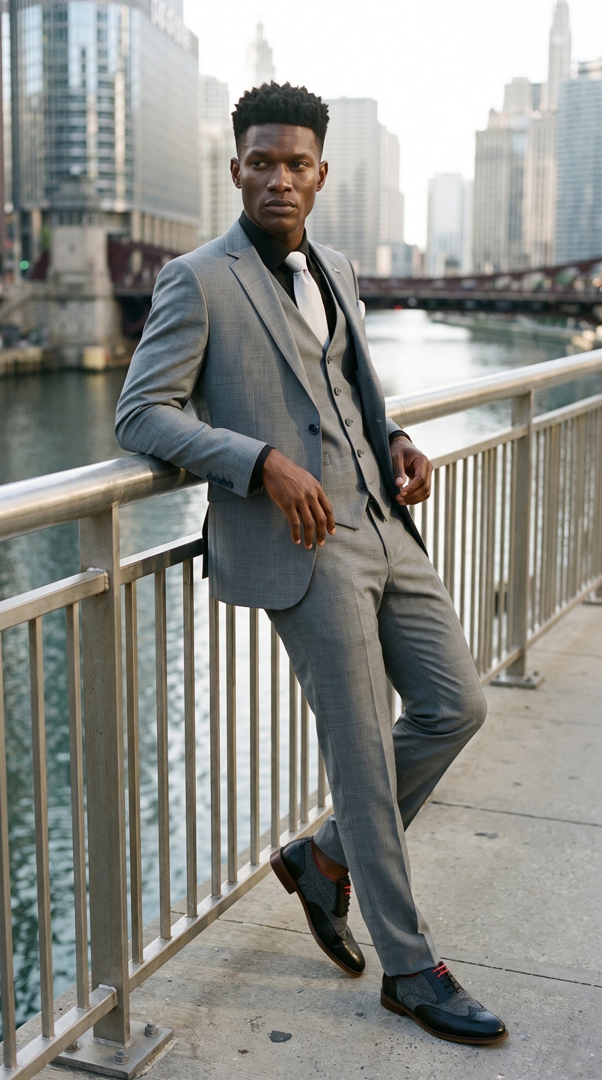 Look #426 styled with Traje Bond de tres piezas gris para hombre, corte entallado.