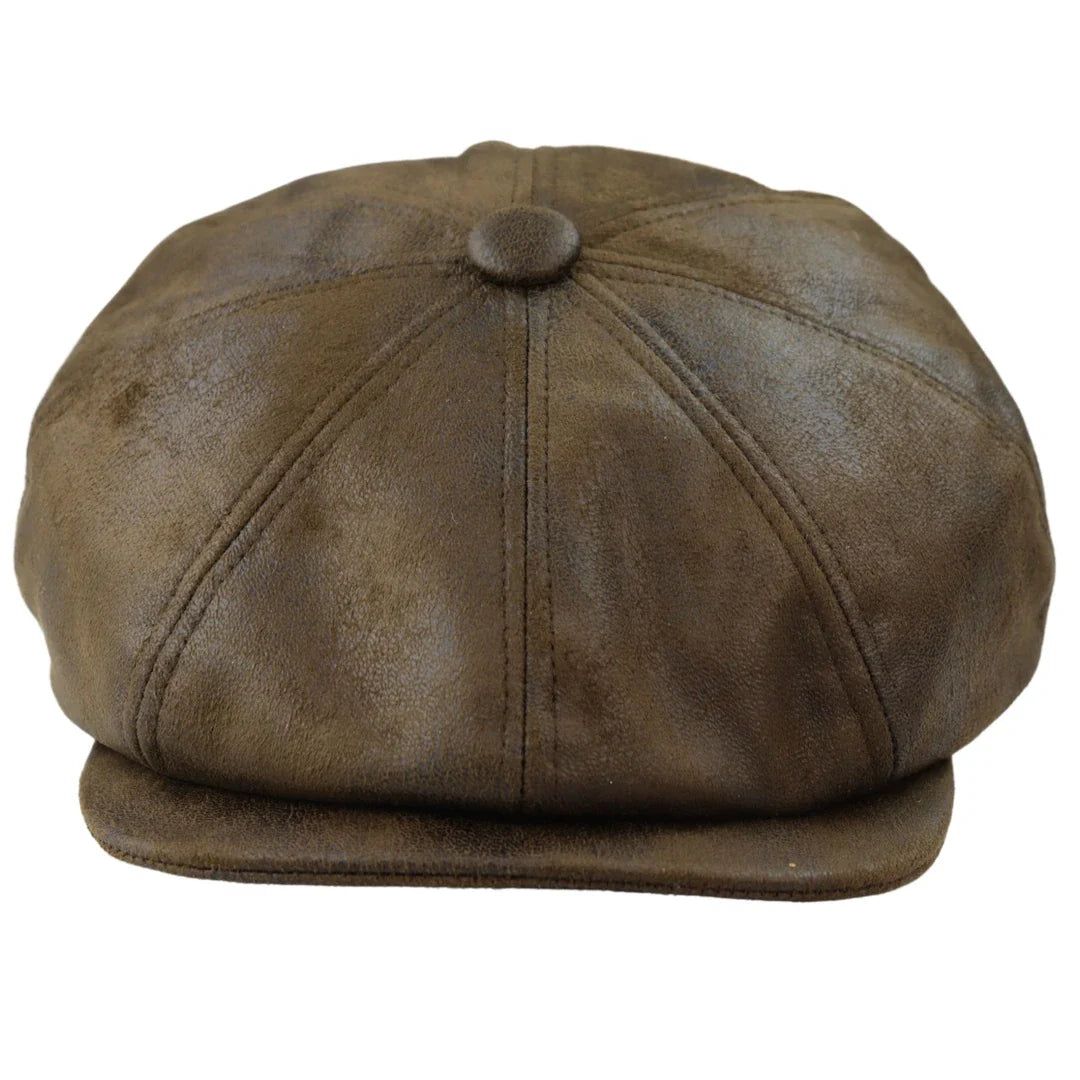 Gorra plana de hombre de 8 paneles estilo Baker Boy de piel sintética, color marrón.