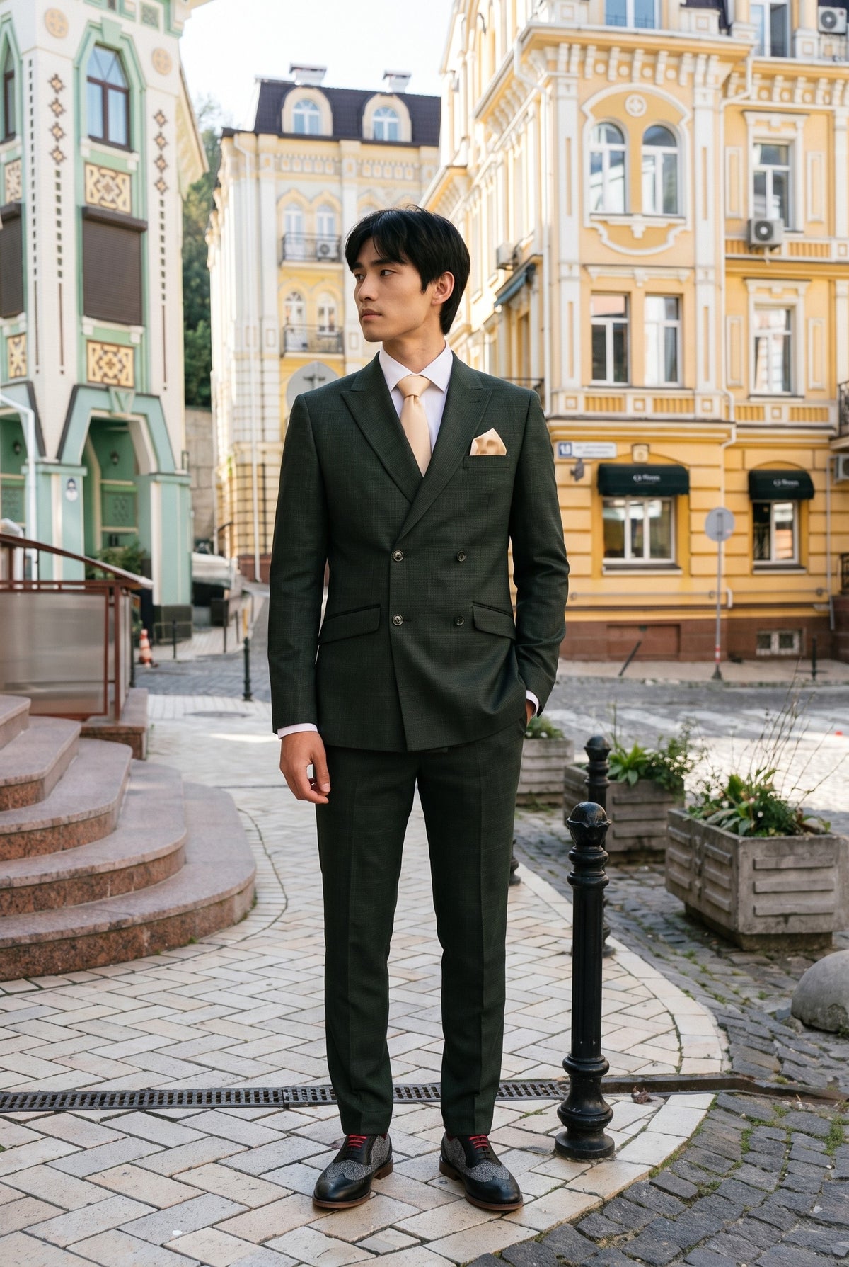 Look #780 styled with Caridi - Traje cruzado de dos piezas para hombre en color verde oliva