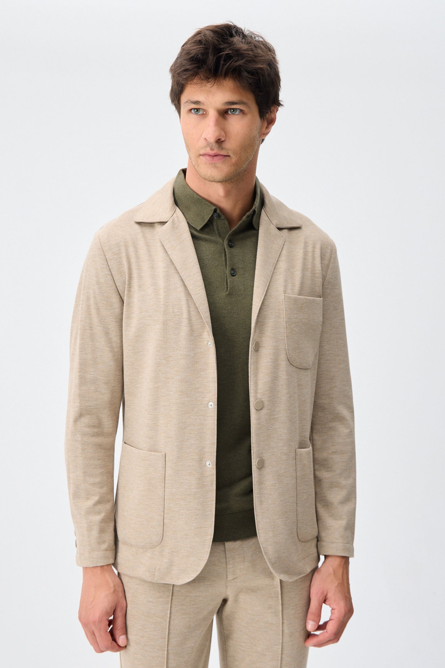 Blazer de punto suave beige para hombre, chaqueta elegante informal