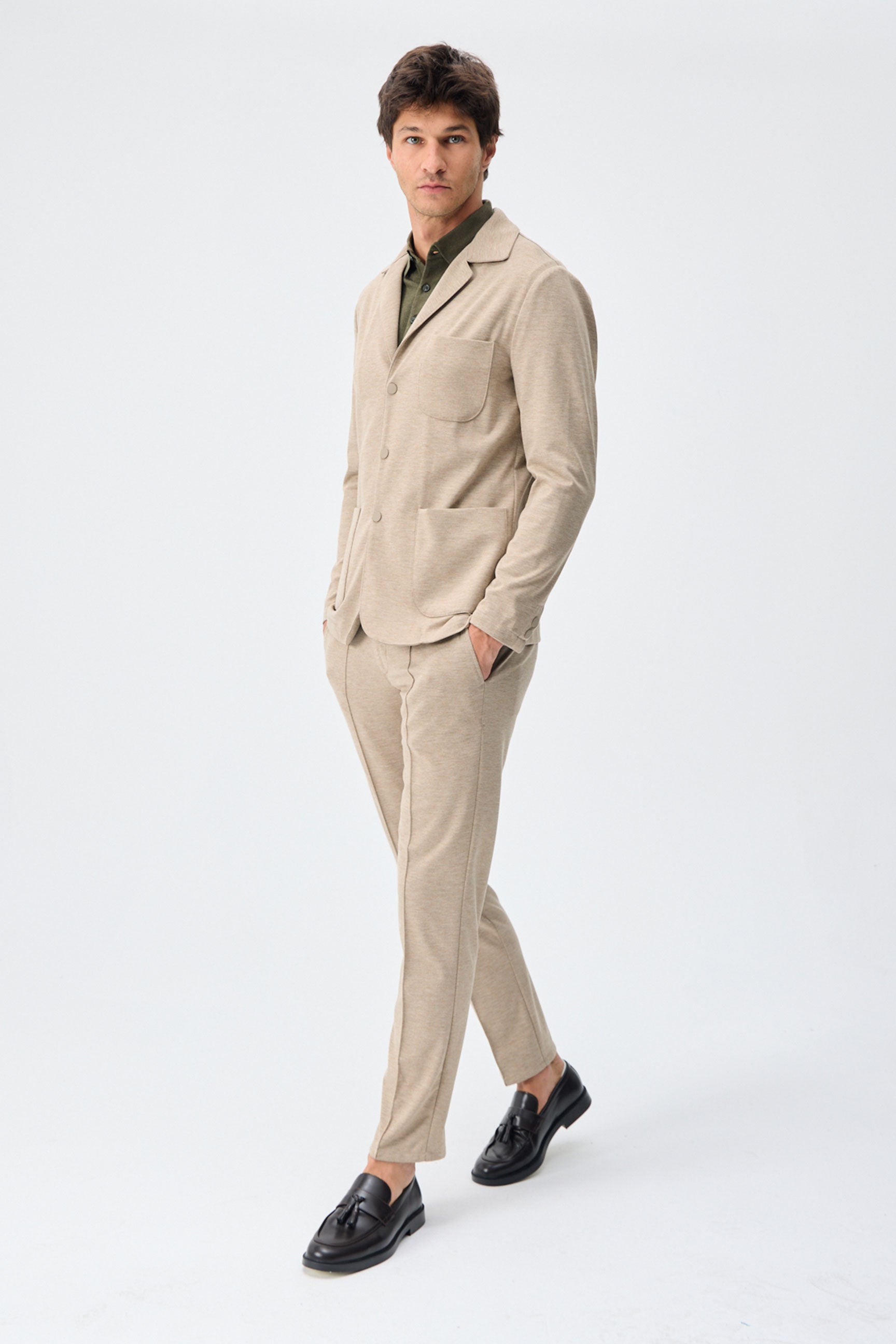 Blazer de punto suave beige para hombre, chaqueta elegante informal