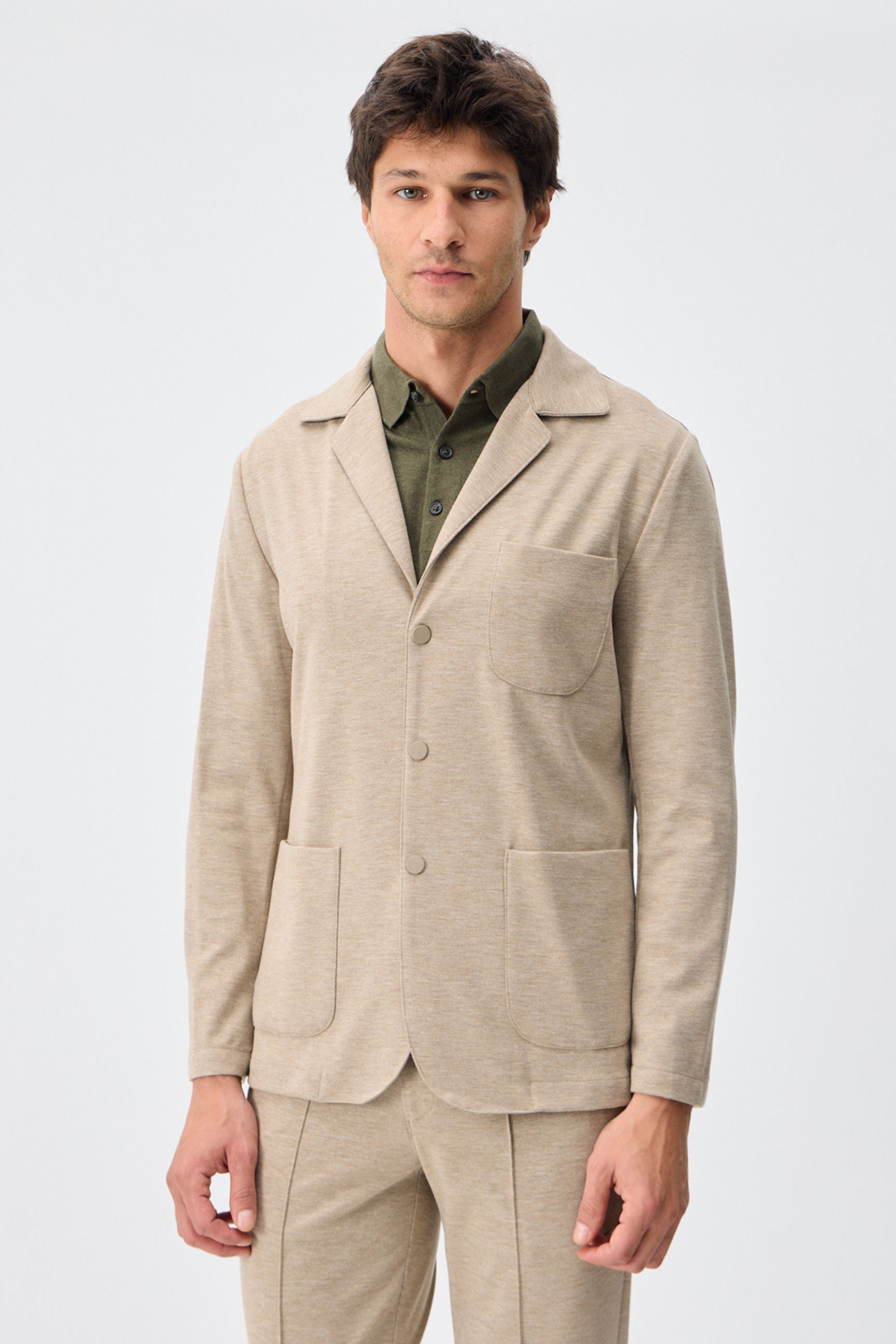 Blazer de punto suave beige para hombre, chaqueta elegante informal