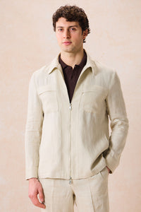 Traje de dos piezas de lino beige para hombre, estilo safari, con cremallera frontal, para verano.