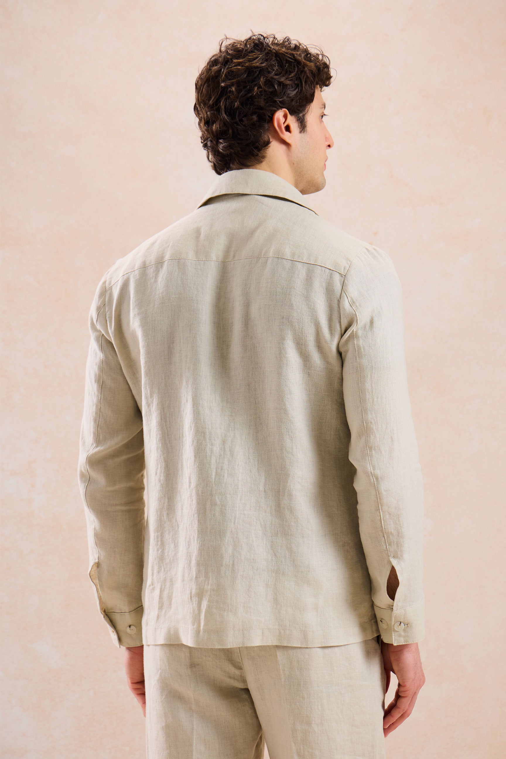 Traje de dos piezas de lino beige para hombre, estilo safari, con cremallera frontal, para verano.