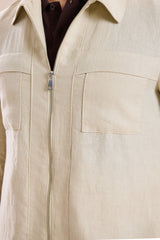 Traje de dos piezas de lino beige para hombre, estilo safari, con cremallera frontal, para verano.