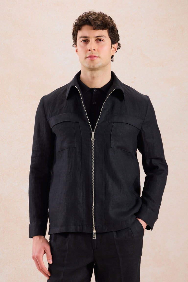 Chaqueta tipo camisa ligera de lino negro con cremallera para hombre, ideal para el verano.
