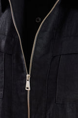 Traje de dos piezas de lino negro para hombre, estilo safari, con cremallera frontal, para verano.
