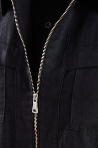 Traje de dos piezas de lino negro para hombre, estilo safari, con cremallera frontal, para verano.