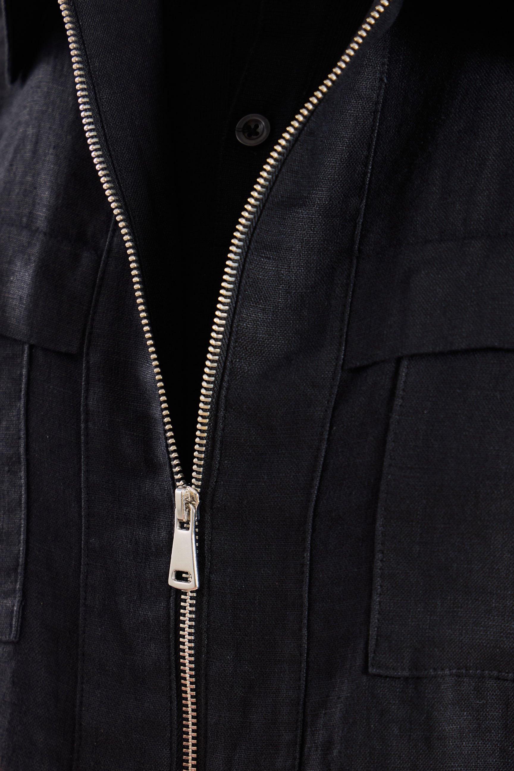 Traje de dos piezas de lino negro para hombre, estilo safari, con cremallera frontal, para verano.