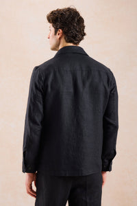Traje de dos piezas de lino negro para hombre, estilo safari, con cremallera frontal, para verano.