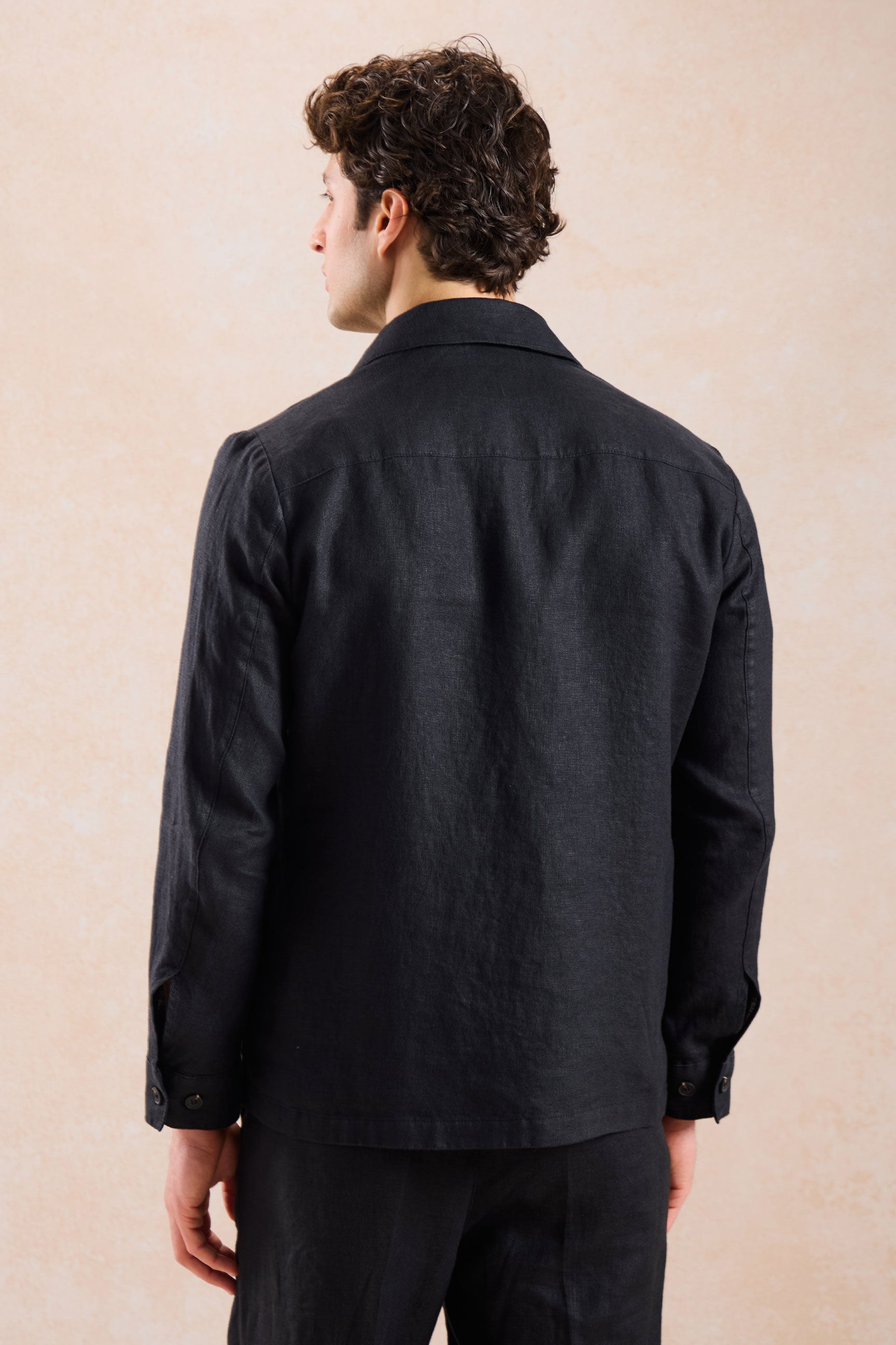 Traje de dos piezas de lino negro para hombre, estilo safari, con cremallera frontal, para verano.