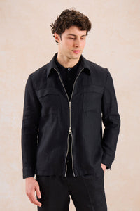 Traje de dos piezas de lino negro para hombre, estilo safari, con cremallera frontal, para verano.