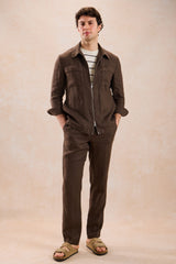 Traje de dos piezas de lino marrón para hombre, estilo safari, con cremallera frontal, para verano.